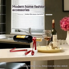 Ribbon wine rack by My Store with sleek metal design and multiple slots for wine bottle storage.