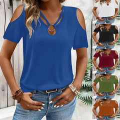 Women’s loose-fit crossover V-neck off-the-shoulder short-sleeve T-shirt from My Store, shown in a casual, relaxed fit style.