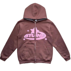 Star printed zip-up hoodie from My Store, featuring a front zipper and star pattern, casual and comfortable outerwear.