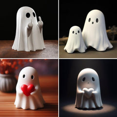 Ghost Halloween ornament with white fabric body and spooky face, perfect for spooky decorations.