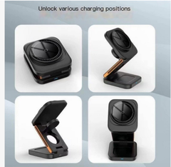 Wireless charging station with 3-in-1 design for phone, smartwatch, and earbuds, featuring foldable and sleek black finish.