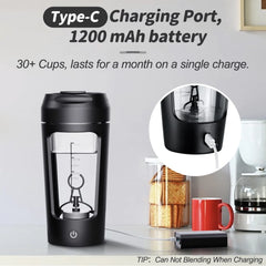 Electric portable whey protein shaker bottle with mixing mechanism, designed for convenient fitness and supplement use.