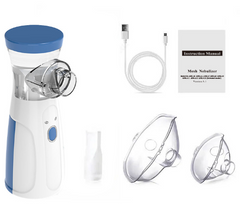 Portable handheld nebulizer device for asthma inhalation, compact design with mouthpiece and medication chamber.