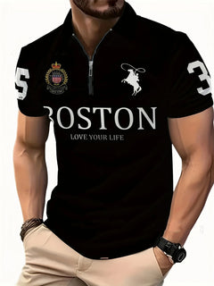 Men's 3D digital print zip-up polo shirt featuring a vibrant design and comfortable fit, ideal for casual wear.