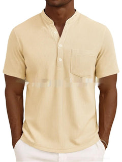 Colorful men's knitted polo shirt in summer candy shades, featuring a classic collar and short sleeves.