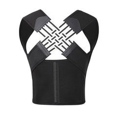 Unisex posture corrector back brace in black with adjustable straps, designed to support proper spinal alignment and posture.