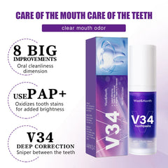 V34 Tooth Cleaning Mousse by My Store showing a foam bottle with mint-flavored dental hygiene product.