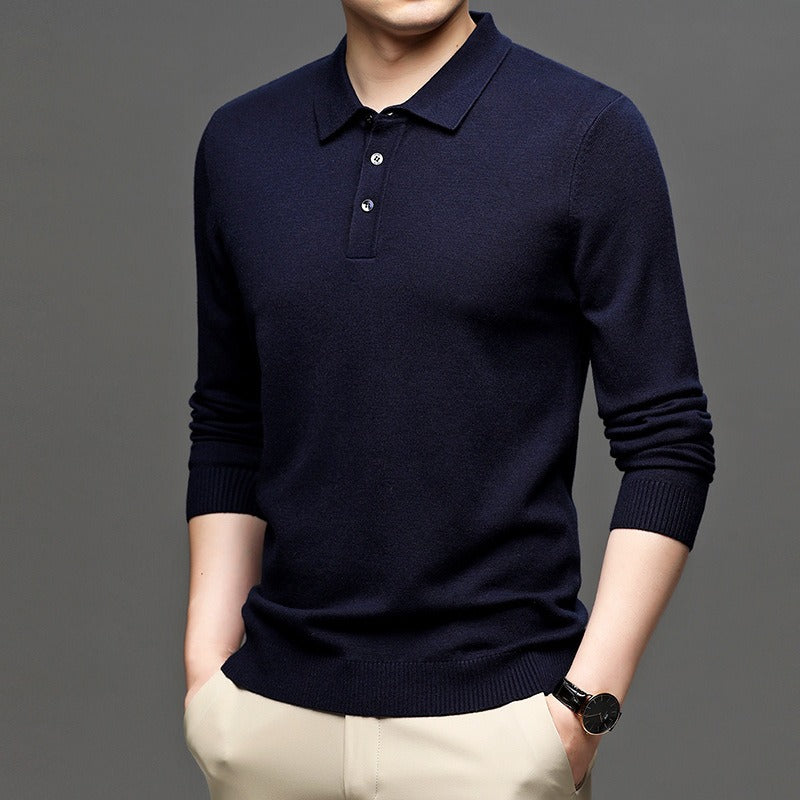 Men's navy blue lapel knit pullover sweater from My Store featuring a classic V-neck and textured knit design.