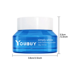 Teeth whitening brightening powder in a clear jar with a scoop, showing the white powder inside.