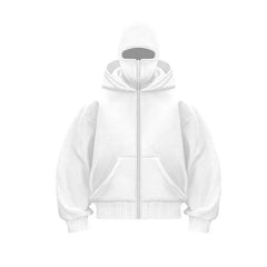 Men's hooded zip-up baseball jacket with front pockets and ribbed cuffs, black color, casual athletic style.