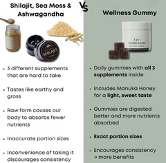 Shilajit 3-in-1 Gummies for Men by My Store showing the gummies in a clear container with natural ingredients in the background.