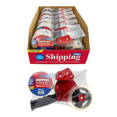 Clear packaging tape dispenser with 2-inch wide tape, 54.6 yards long, featuring a sturdy handle for easy sealing.