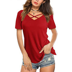 Women’s white front cross V-neck short sleeve loose T-shirt with a relaxed fit, stylish V-neck design, and casual look.