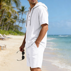 Mens loose, breathable linen casual set with hood, featuring relaxed fit and lightweight fabric for comfortable everyday wear.