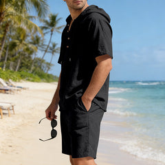 Men's breathable linen casual set with hood, loose fit, in neutral tones, featuring a relaxed fit and casual style.