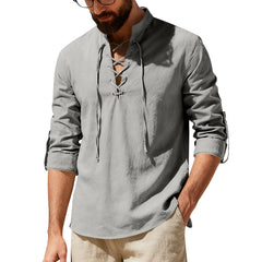 Men's casual long-sleeve linen Henley shirt from the linen casual set, featuring a relaxed fit and natural fabric texture.
