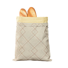Cotton linen bread bag with drawstring closure, reusable and breathable for storing fresh bread.