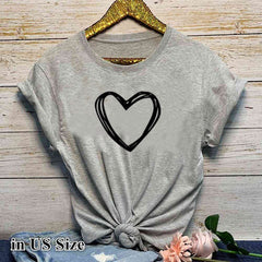 Women’s short sleeve heart print T-shirt from My Store, casual loose fit summer O-neck top with a playful red heart design.
