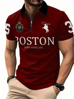 Men's zip-up polo shirt with a vibrant 3D digital print, featuring a sleek design and collar, in a close-up view.