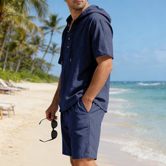 Men's loose, breathable linen casual set with hood, featuring a relaxed fit and lightweight fabric for comfortable everyday wear.