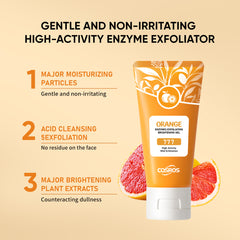 Orange exfoliating whitening gel for skin care in a clear tube with bright orange gel inside.