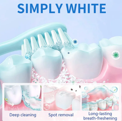 Whitening powder for teeth brightening, featuring a natural and fresh appearance, displayed in a clear container with a spoon.
