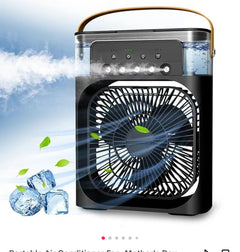 My Store portable 3-in-1 air cooler fan showing compact design, mini AC unit with adjustable vents and humidifier function.