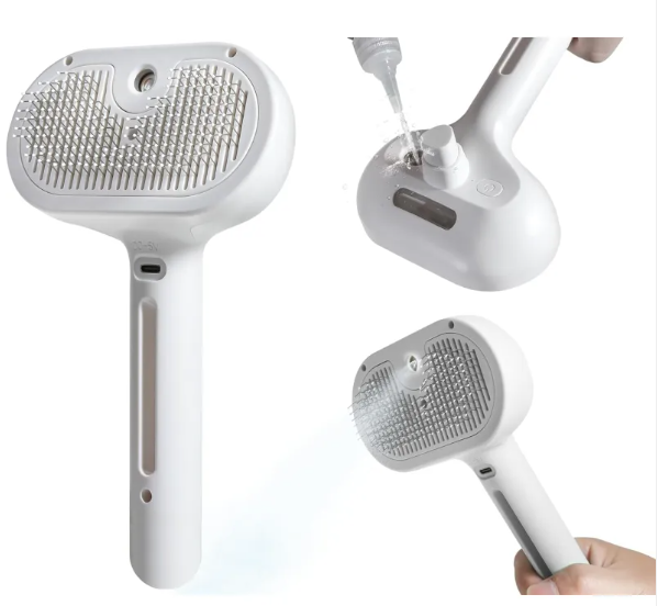 Pet hair spray brush from My Store with a ergonomic handle and flexible bristles for detangling pet fur easily.