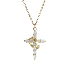 Gold Crown Cross Necklace featuring a detailed crown and cross pendant on a delicate chain, perfect for elegant jewelry looks.