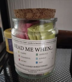 Bible verses in a jar by My Store, featuring handwritten scripture notes in a glass jar with decorative elements.