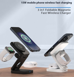 Foldable 3-in-1 wireless charger from My Store with space for phone, smartwatch, and earbuds on a sleek surface.