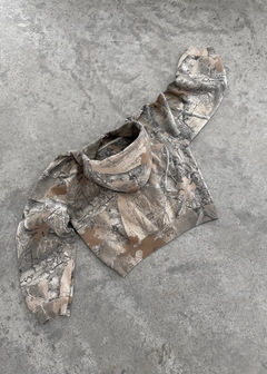 Urban camo retro hoodie showing camouflage print and hood with drawstrings, casual style, front view.