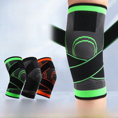 Men's compression knee brace for sports and fitness, black elastic support with adjustable straps, designed to stabilize the knee during activity.