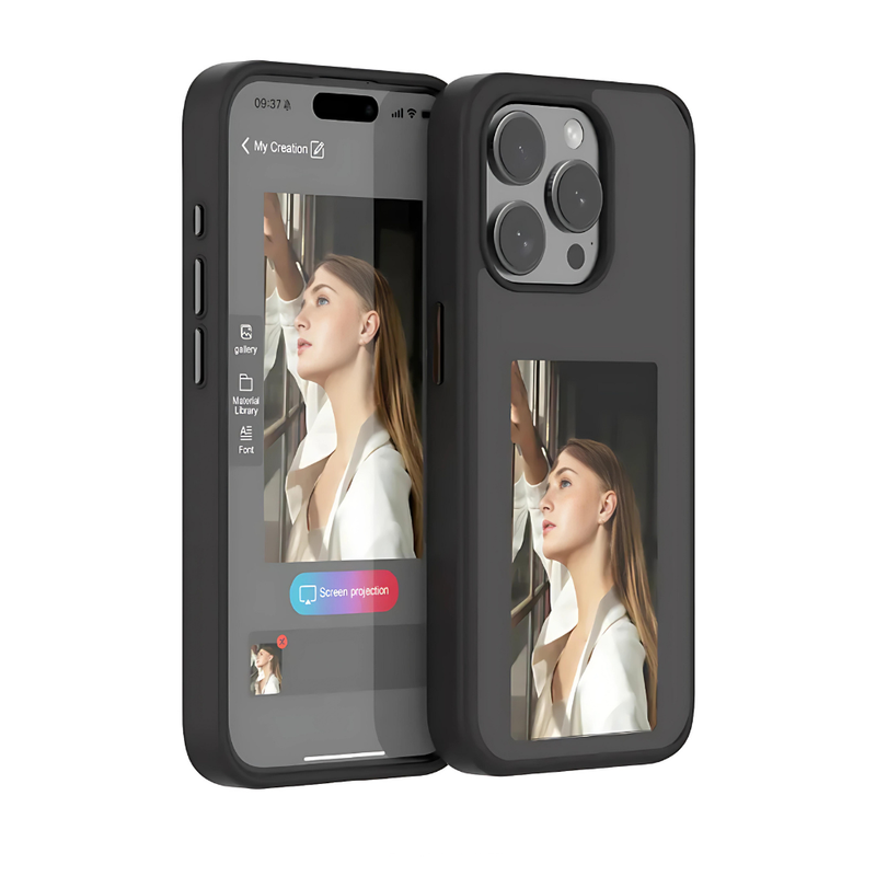 E-Ink phone case from My Store showing a customizable digital display on a sleek protective phone cover.
