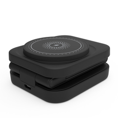 Foldable 3-in-1 wireless charger by My Store with charging pads for phone, smartwatch, and earbuds, shown in a compact, portable design.