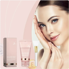 Cream-colored collagen cleansing mask in a bowl, with a spatula, designed for facial skincare and deep cleansing.
