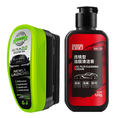 Clear car glass with oil film remover applied, showing a clean, streak-free surface using My Store Car Glass Oil Film Remover.
